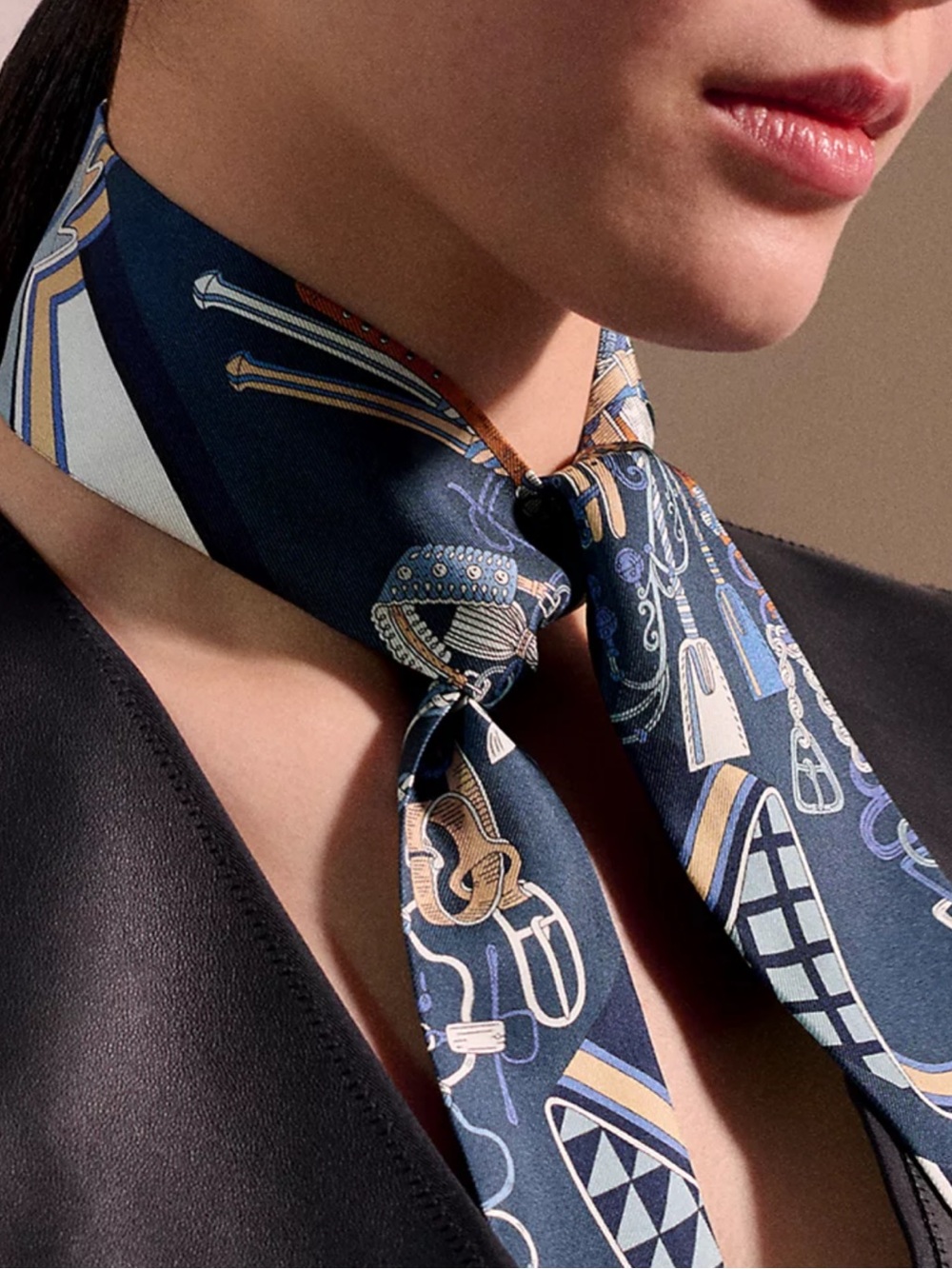 LUXURY Silk Ribbon Scarf NAVY CREAM BLUE CARAMEL IVORY print EUC